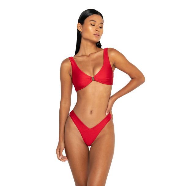 Crimson Scoop Neck Gold Clasp Bikini Top